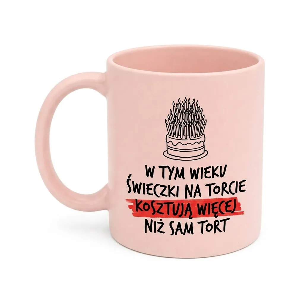 Różowy ceramiczny kubek z czarnym napisem „W TYM WIEKU ŚWIECZKI NA TORCIE KOSZTUJĄ WIĘCEJ NIŻ SAM TORT”.