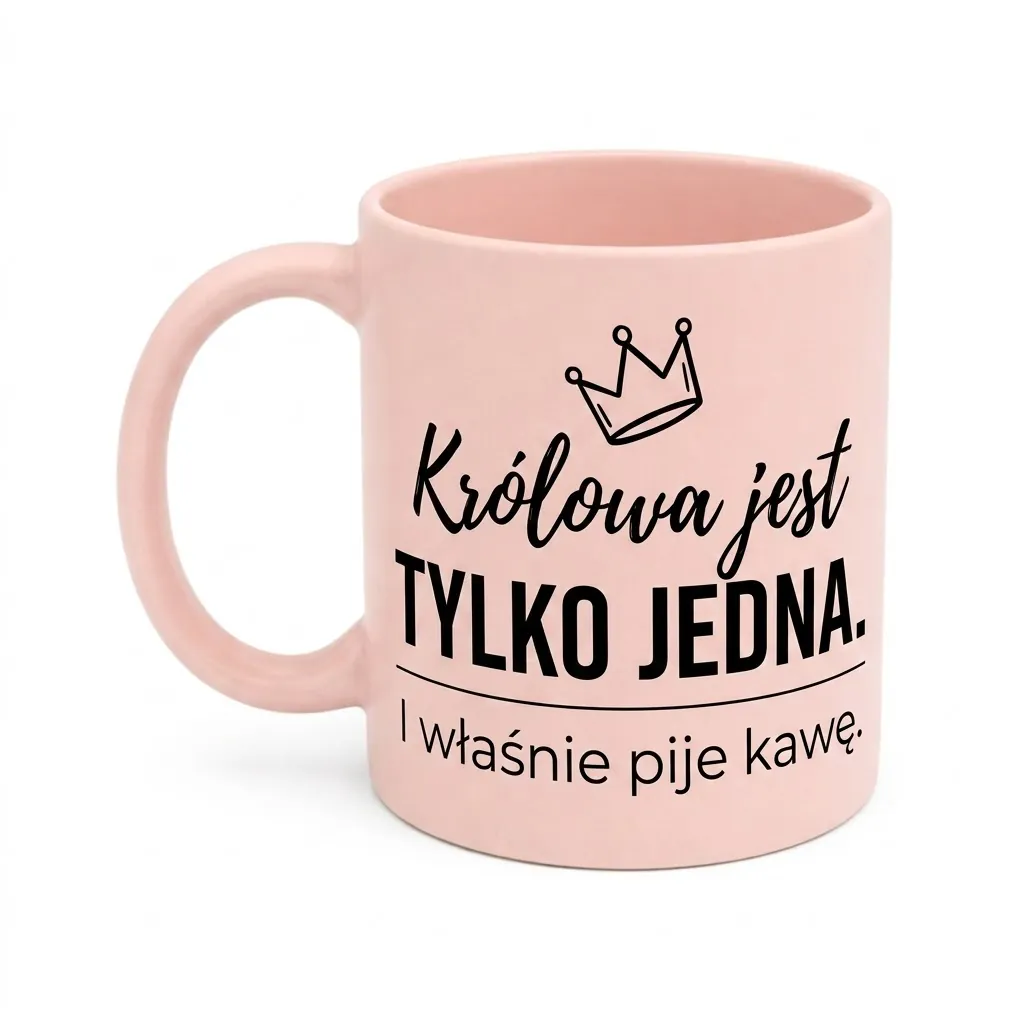 Jasnoróżowy kubek ceramiczny z czarnym napisem „Królowa jest TYLKO JEDNA. I właśnie pije kawę.”