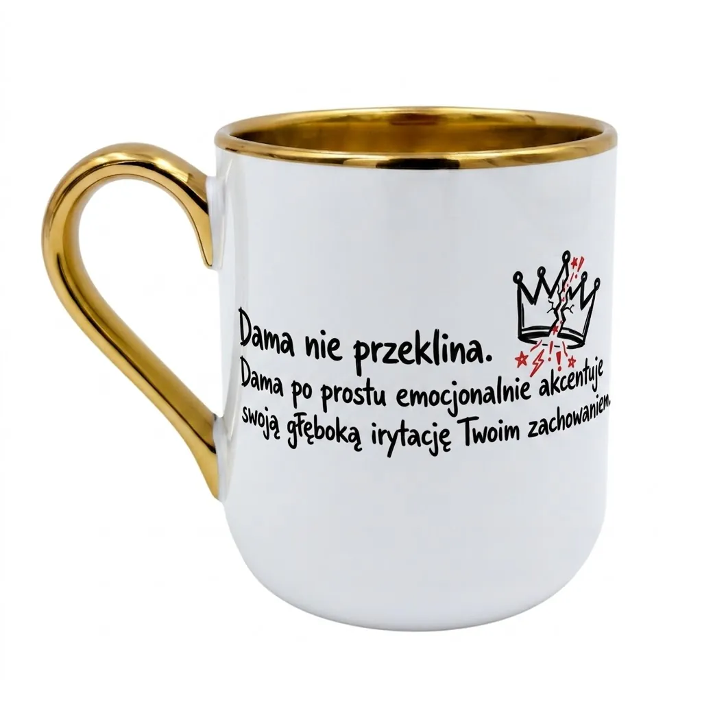 Biały ceramiczny kubek ze złotym uchem i złotym rantem z zabawnym napisem po polsku „Dama nie przeklina. Dama po prostu emocjonalnie akcentuje swoją głęboką irytację Twoim zachowaniem” oraz grafiką pękniętej korony