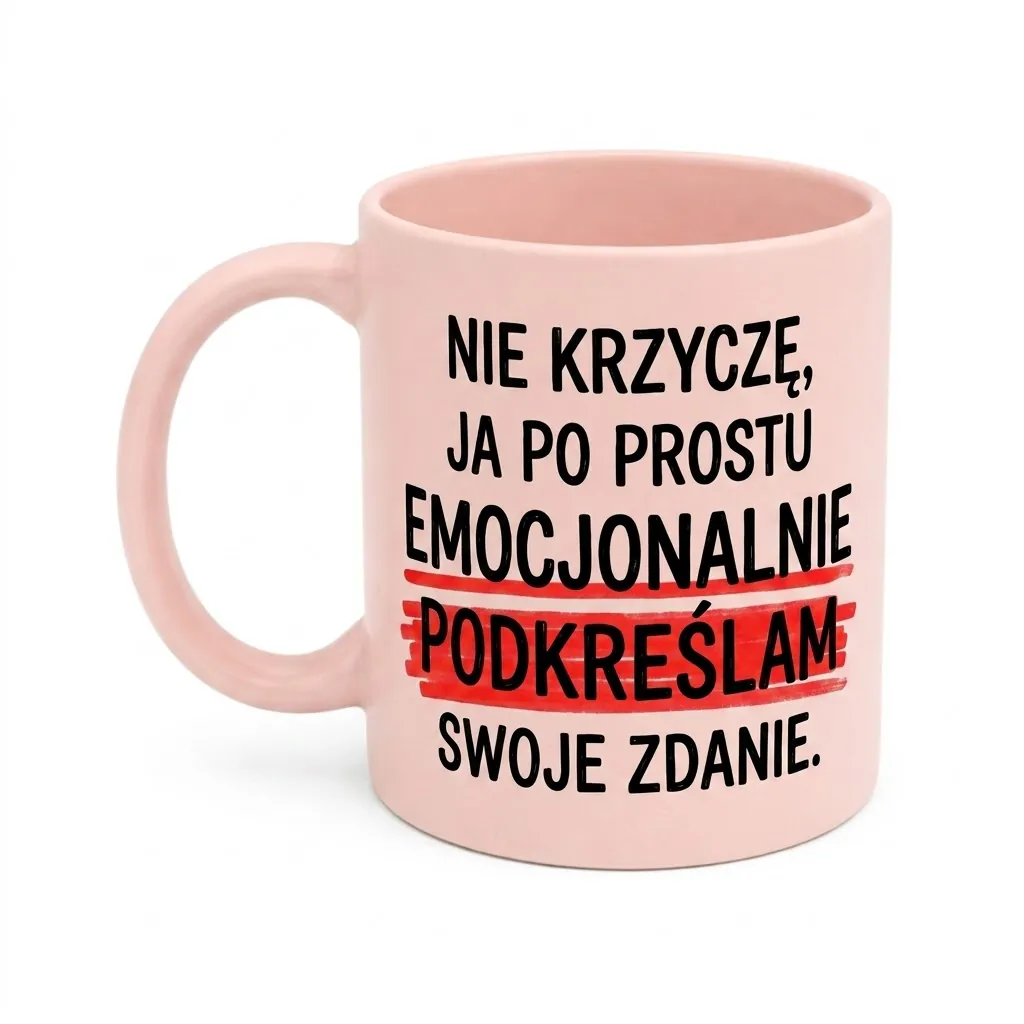 Jasnoróżowy ceramiczny kubek z czarnym napisem „NIE KRZYCZĘ, JA PO PROSTU EMOCJONALNIE PODKREŚLAM SWOJE ZDANIE.”.