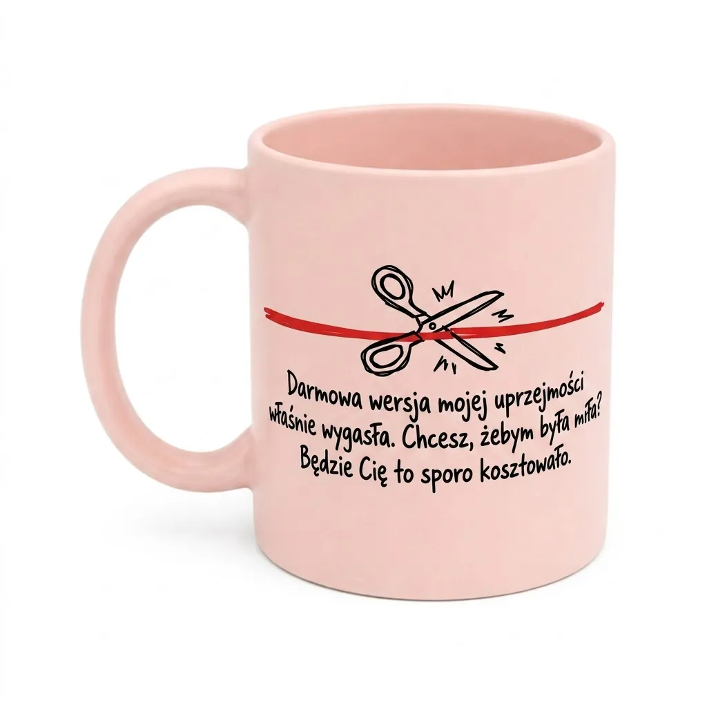 Różowy matowy kubek ceramiczny z czarnym napisem o wygaśnięciu darmowej uprzejmości oraz grafiką nożyczek przecinających czerwoną wstążkę.
