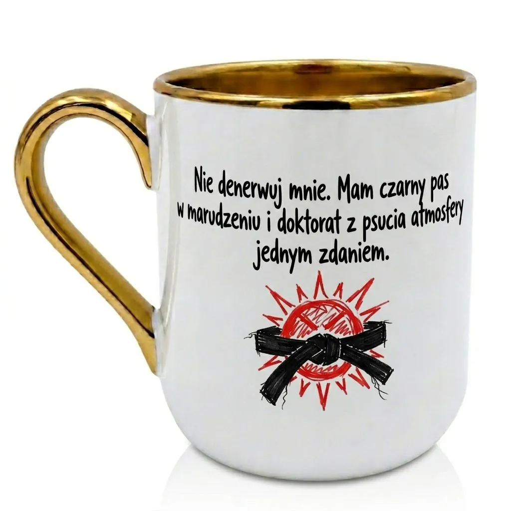 Biały kubek ceramiczny ze złotym uchem i złotym rantem, napis "Nie denerwuj mnie. Mam czarny pas w marudzeniu" z grafiką czarnego pasa karate.